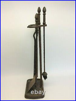 Vintage Set Used Fireplace Woodstove Tools Tongs Shovel Brush Poker Stand