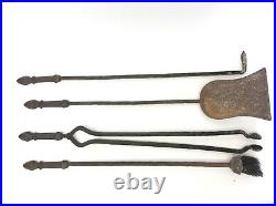 Vintage Set Used Fireplace Woodstove Tools Tongs Shovel Brush Poker Stand