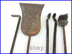 Vintage Set Used Fireplace Woodstove Tools Tongs Shovel Brush Poker Stand