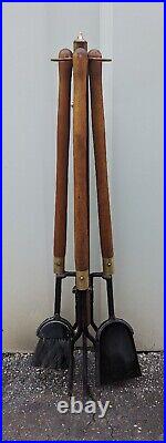 Vintage Seymour Mid-Century Long Teak Brass Handle Fireplace Tools 4 Pieces