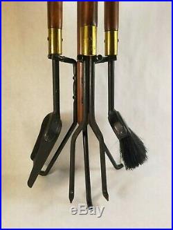 Vintage Seymour Mid Century Modern Fireplace Tool Set Walnut Brass Iron