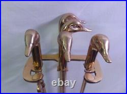 Vintage Shiny Brass Mallard Duck Head Fireplace Tool Set 4 Piece + Stand