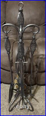 Vintage Silver Tone Twisted Fireplace Set 4 Piece Tools Poker Brush Shovel Tongs