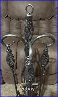 Vintage Silver Tone Twisted Fireplace Set 4 Piece Tools Poker Brush Shovel Tongs