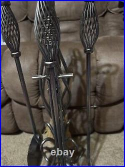 Vintage Silver Tone Twisted Fireplace Set 4 Piece Tools Poker Brush Shovel Tongs