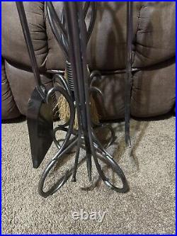 Vintage Silver Tone Twisted Fireplace Set 4 Piece Tools Poker Brush Shovel Tongs