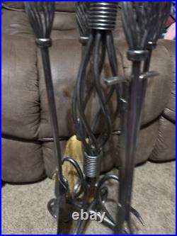 Vintage Silver Tone Twisted Fireplace Set 4 Piece Tools Poker Brush Shovel Tongs