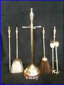 Vintage Solid Brass 16 1/2 Tall Fireplace Hearth Set Tools Excellent Condition