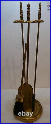 Vintage Solid Brass 4 Piece Fireplace Tool Set MCM Sweep Poker Shovel NICE