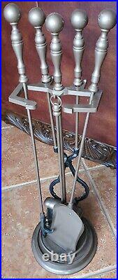 Vintage Solid Brass 4 Piece Fireplace Tool Set With Stand Oil Rub Bronze Patina