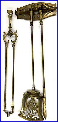 Vintage Solid Brass 4 Piece Fireplace Tool Set With Wall Mount Bronze Patina 26