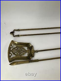 Vintage Solid Brass 4 Piece Fireplace Tool Set With Wall Mount Bronze Patina 26