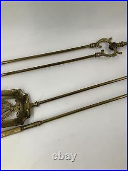 Vintage Solid Brass 4 Piece Fireplace Tool Set With Wall Mount Bronze Patina 26