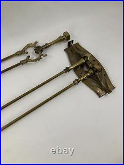 Vintage Solid Brass 4 Piece Fireplace Tool Set With Wall Mount Bronze Patina 26