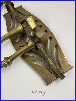 Vintage Solid Brass 4 Piece Fireplace Tool Set With Wall Mount Bronze Patina 26