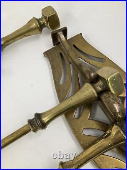 Vintage Solid Brass 4 Piece Fireplace Tool Set With Wall Mount Bronze Patina 26