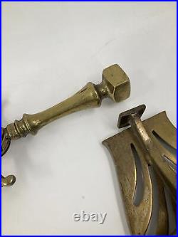 Vintage Solid Brass 4 Piece Fireplace Tool Set With Wall Mount Bronze Patina 26