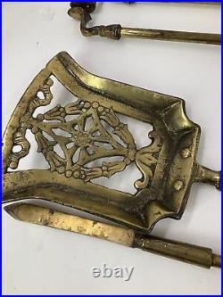 Vintage Solid Brass 4 Piece Fireplace Tool Set With Wall Mount Bronze Patina 26