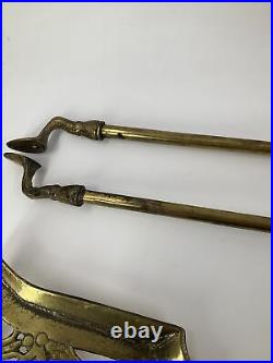 Vintage Solid Brass 4 Piece Fireplace Tool Set With Wall Mount Bronze Patina 26