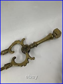 Vintage Solid Brass 4 Piece Fireplace Tool Set With Wall Mount Bronze Patina 26