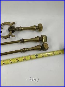 Vintage Solid Brass 4 Piece Fireplace Tool Set With Wall Mount Bronze Patina 26