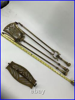 Vintage Solid Brass 4 Piece Fireplace Tool Set With Wall Mount Bronze Patina 26