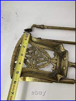 Vintage Solid Brass 4 Piece Fireplace Tool Set With Wall Mount Bronze Patina 26