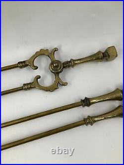 Vintage Solid Brass 4 Piece Fireplace Tool Set With Wall Mount Bronze Patina 26