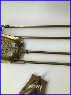 Vintage Solid Brass 4 Piece Fireplace Tool Set With Wall Mount Bronze Patina 26