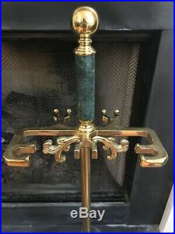 Vintage Solid Brass 5 Piece Fireplace Tool Set with Green Marble Handles & Base