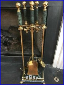 Vintage Solid Brass 5 Piece Fireplace Tool Set with Green Marble Handles & Base