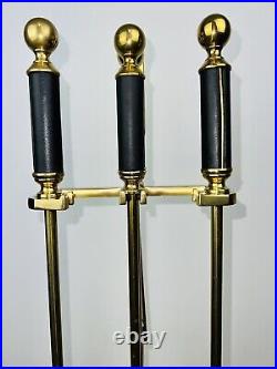 Vintage Solid Brass Black Leather Handles MCM Fireplace 5 Piece Tool Set