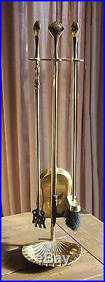 Vintage Solid Brass Clam Shell Fireplace Poker Tools Set Stand