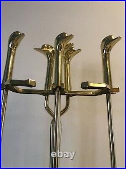 Vintage Solid Brass Duck Head Fireplace Tool Set Unique Heavy Duty Bright Gold
