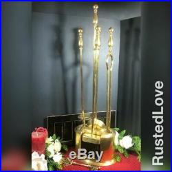 Vintage Solid Brass ENCLOSED Fireplace Tool Set Decorative 5 piece Hearth Set
