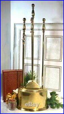 Vintage Solid Brass ENCLOSED Fireplace Tool Set Decorative 5 piece Hearth Set