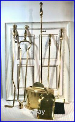 Vintage Solid Brass ENCLOSED Fireplace Tool Set Decorative 5 piece Hearth Set