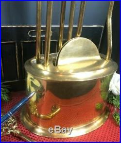 Vintage Solid Brass ENCLOSED Fireplace Tool Set Decorative 5 piece Hearth Set