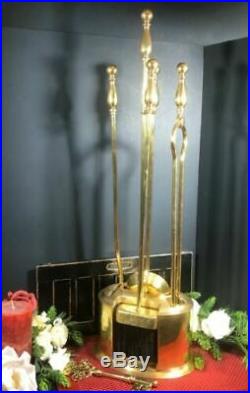 Vintage Solid Brass ENCLOSED Fireplace Tool Set Decorative 5 piece Hearth Set