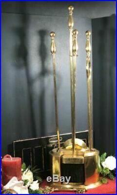 Vintage Solid Brass ENCLOSED Fireplace Tool Set Decorative 5 piece Hearth Set