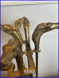 Vintage Solid Brass Equestrian / Horse Head 5pc Fireplace Tool Set