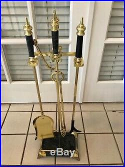 Vintage Solid Brass Fireplace 4 Piece Footed Tool Set W Black Marble Handles