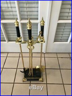 Vintage Solid Brass Fireplace 4 Piece Footed Tool Set W Black Marble Handles