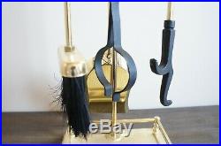 Vintage Solid Brass Fireplace 5 Piece Footed Tool Set MID Century
