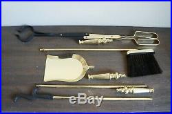 Vintage Solid Brass Fireplace 5 Piece Footed Tool Set MID Century