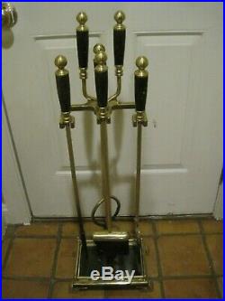 Vintage Solid Brass Fireplace 5 Piece Footed Tool Set With Black Marble Handles