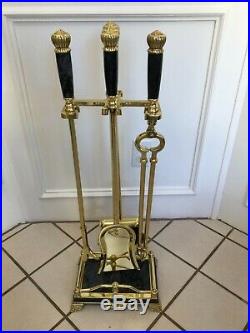 Vintage Solid Brass Fireplace 5 Piece Footed Tool Set With Jade Marble Handles