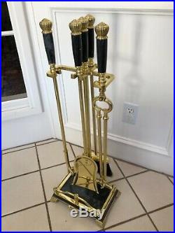 Vintage Solid Brass Fireplace 5 Piece Footed Tool Set With Jade Marble Handles