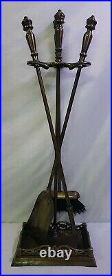 Vintage Solid Brass Fireplace Tool Set 3 Piece + Stand Crown Handles