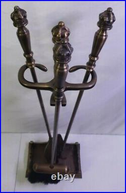 Vintage Solid Brass Fireplace Tool Set 3 Piece + Stand Crown Handles